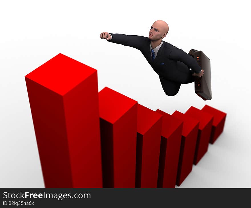 3d businesman in a red graphic bar with accelerated growth. 3d businesman in a red graphic bar with accelerated growth