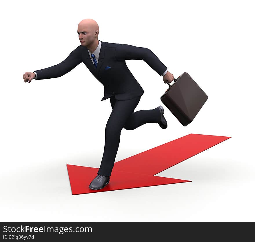 3d businesman running over a red arrow. 3d businesman running over a red arrow