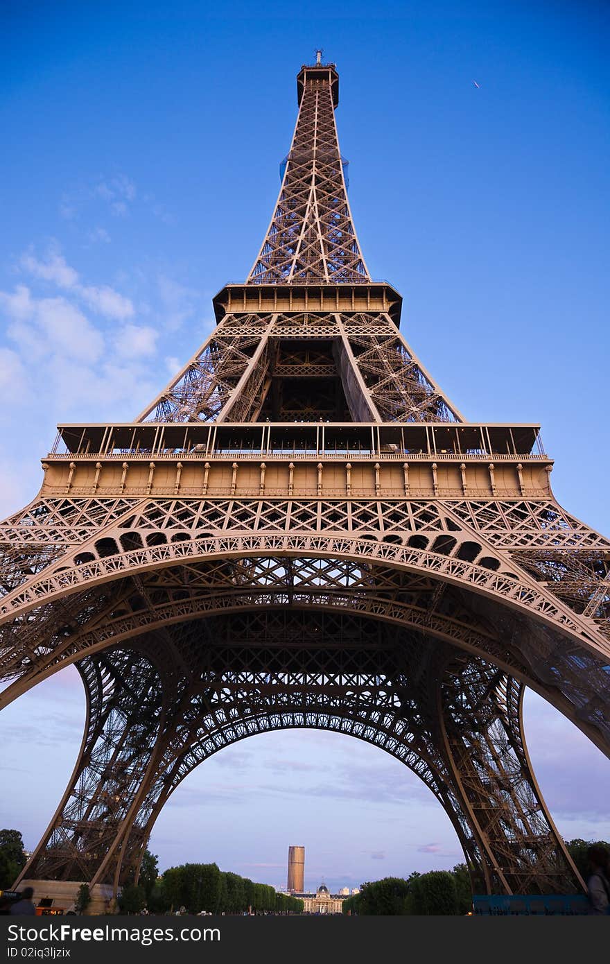 Wide angle of the Eiffel Tower from below