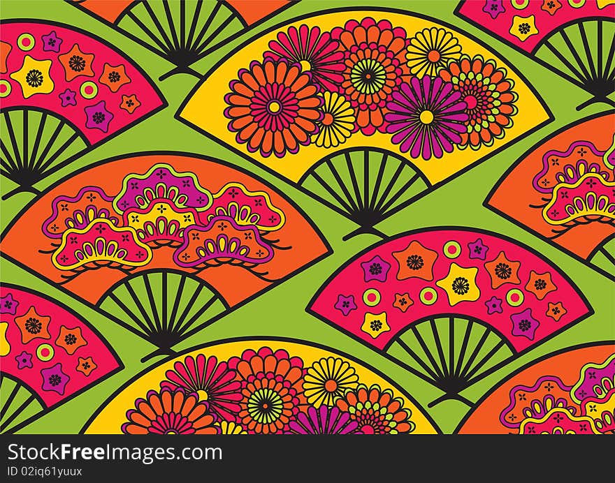 Vector pattern including ethnic Japan motif with multicolored typical elements. Vector pattern including ethnic Japan motif with multicolored typical elements