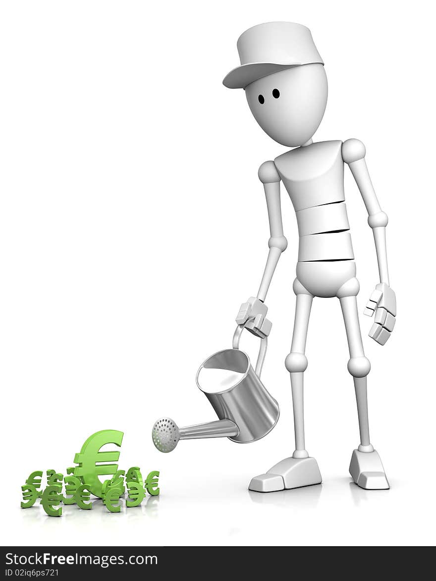 3d character watering several euro symbols. 3d character watering several euro symbols