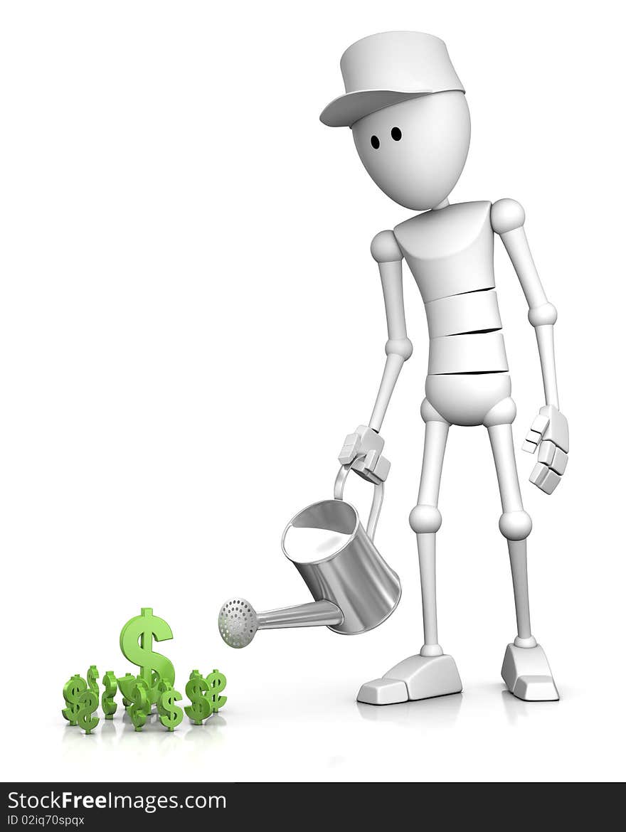 3d character watering several dollar symbols. 3d character watering several dollar symbols