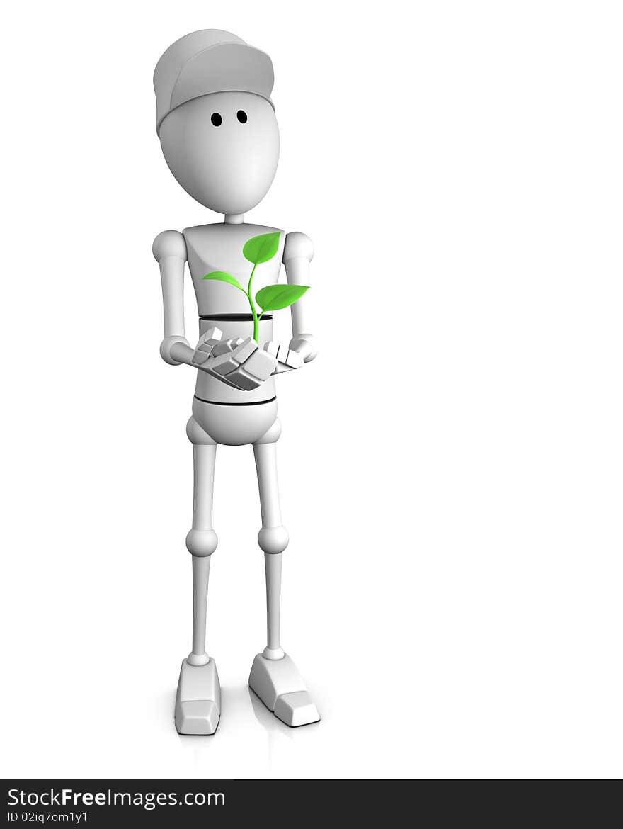 3d character holding a small plant in his hands. 3d character holding a small plant in his hands