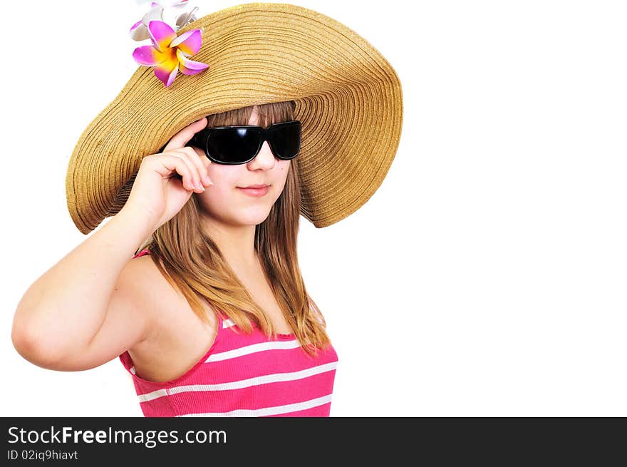 Teen girl wearing straw hat and sunglasses. Teen girl wearing straw hat and sunglasses