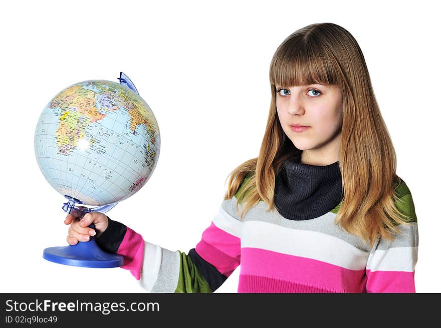 Teen sweet girl holding globe of the world. Teen sweet girl holding globe of the world