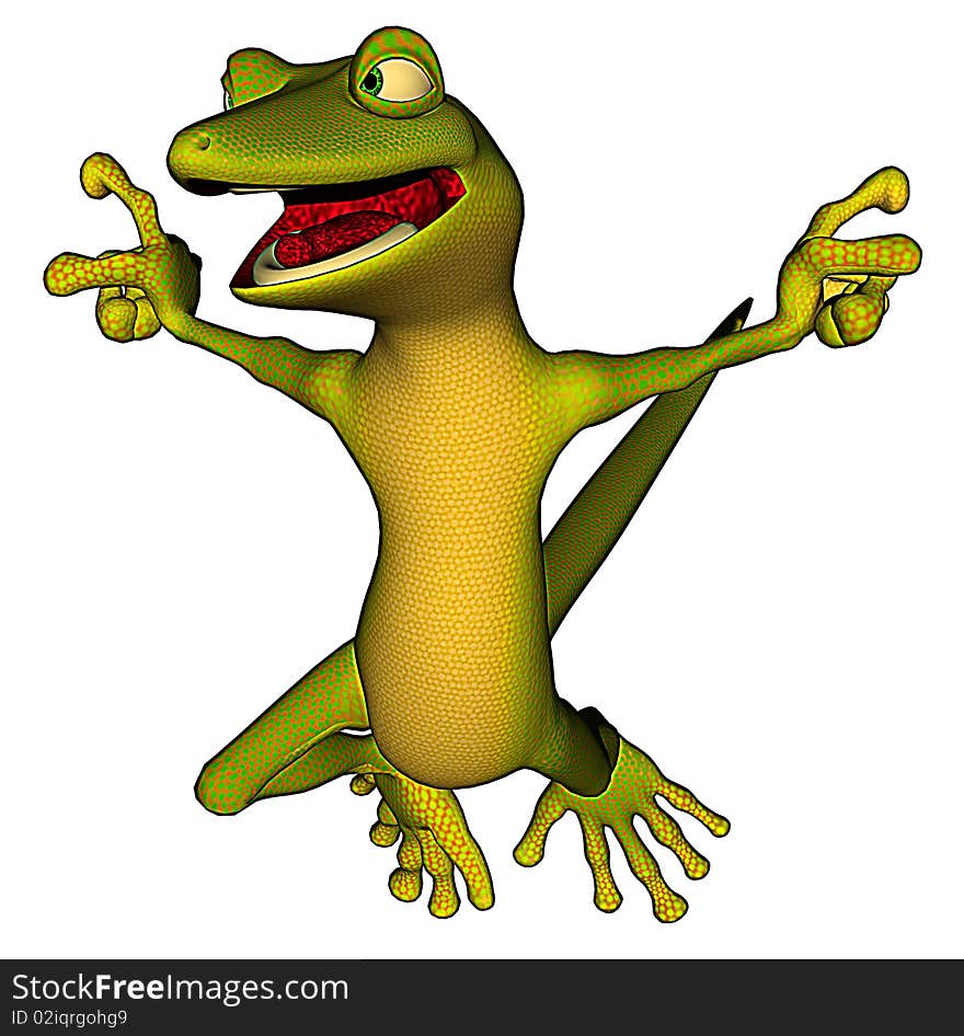 3d character with smart green with yellow belly, gecko. 3d character with smart green with yellow belly, gecko