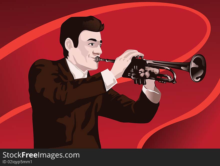 An image showing a man playing a trumpet. An image showing a man playing a trumpet