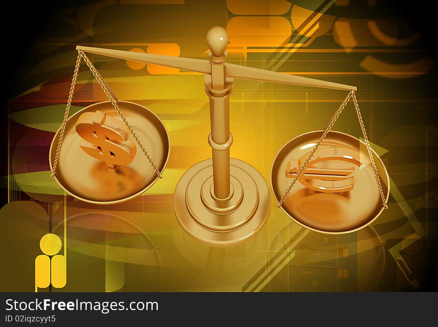 Digital illustration of balancing scale  euro and dollar in color background