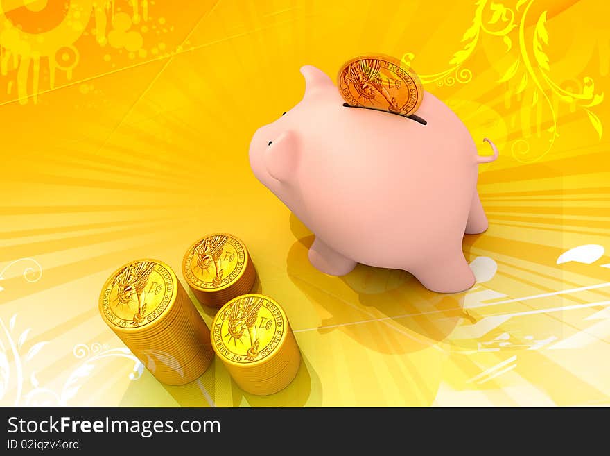 Piggy bank and gold coins