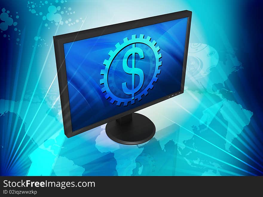 Digital illustration of  TFT monitor and dollar sign in color background