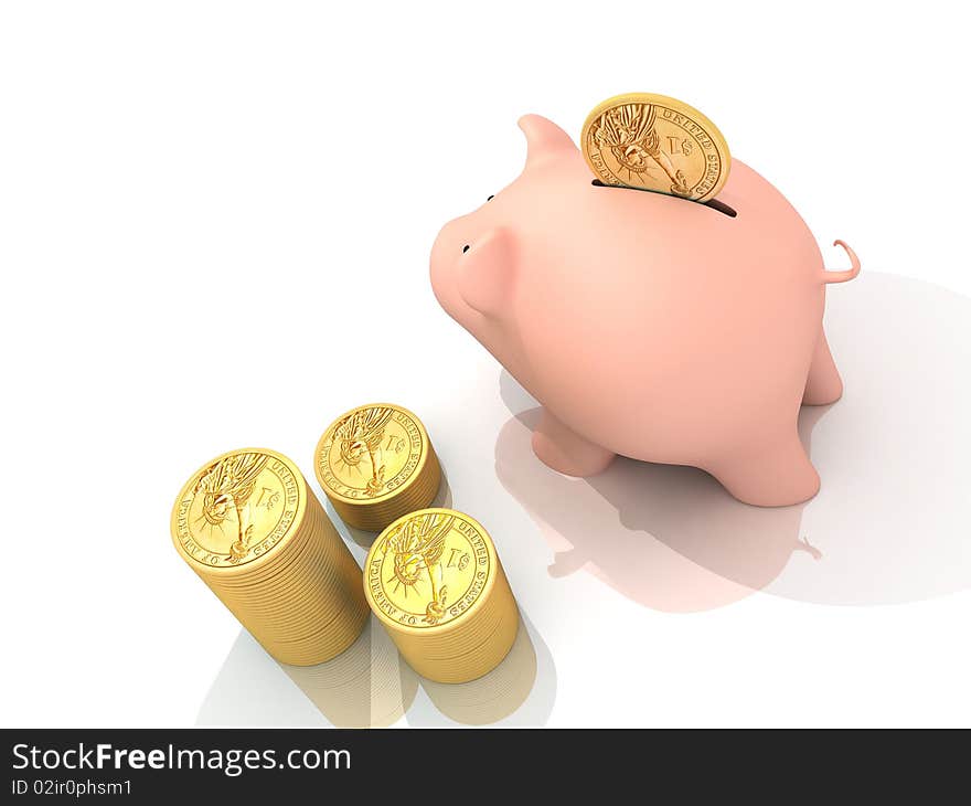 Piggy bank and gold coins