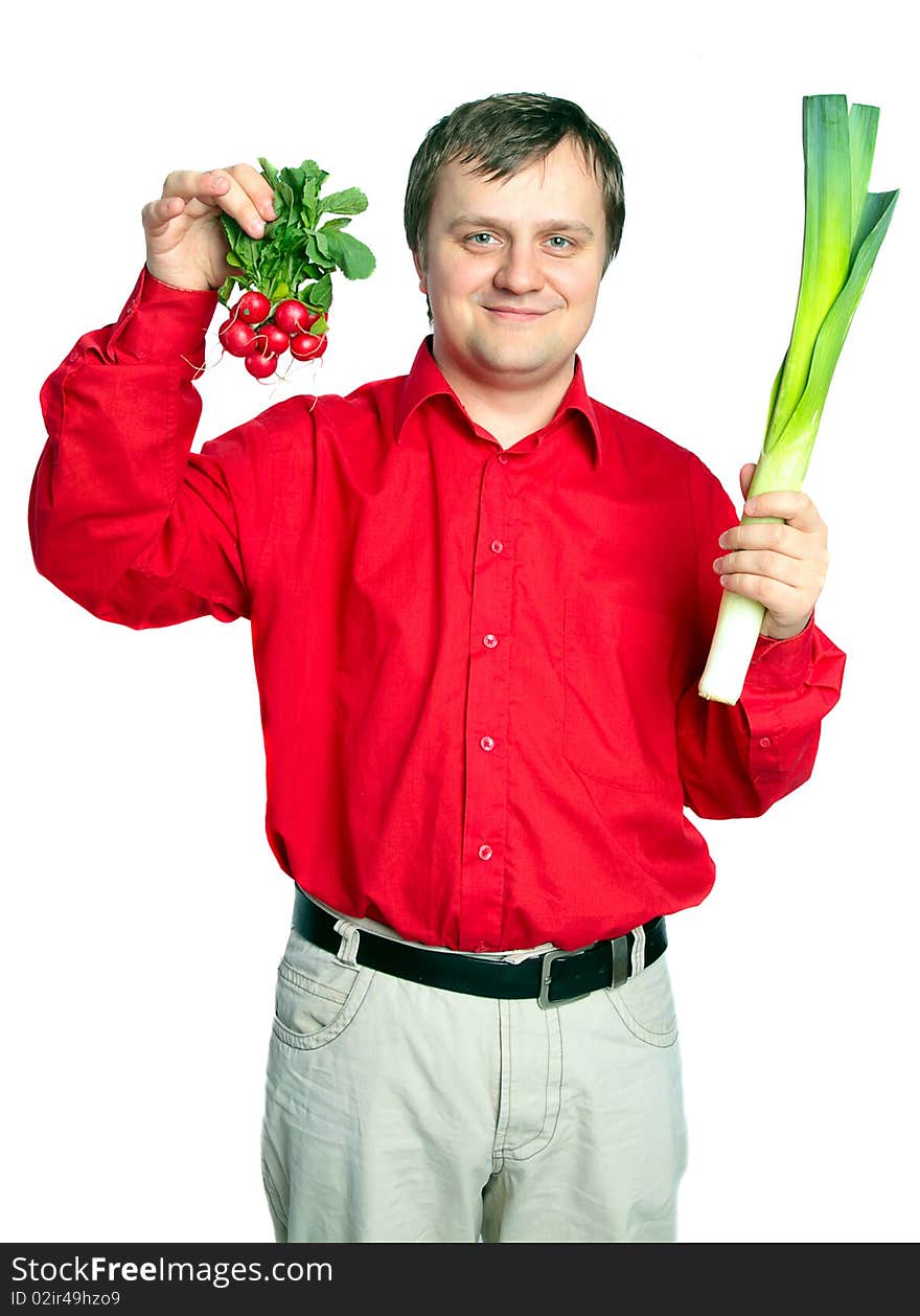 Man With Vegetable: Onion  Leek And Fresh Radish