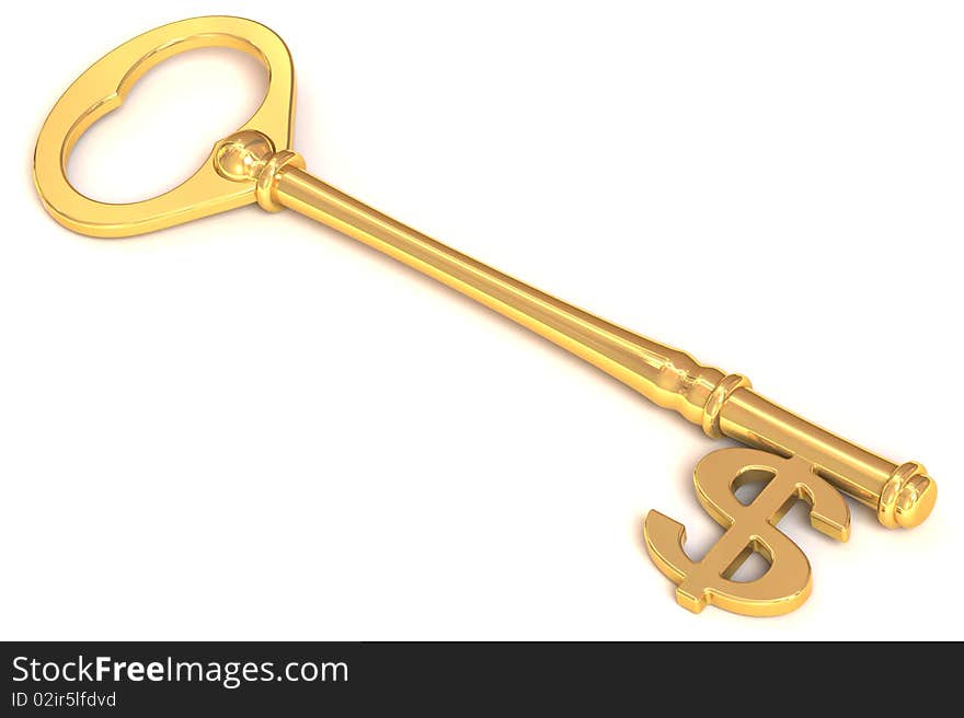 3D rendered illustration of golden key with a dollar symbol shaped tip. 3D rendered illustration of golden key with a dollar symbol shaped tip