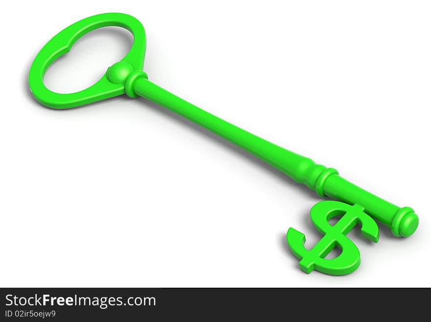 3D rendered illustration of dollar green key with a dollar symbol shaped tip. 3D rendered illustration of dollar green key with a dollar symbol shaped tip