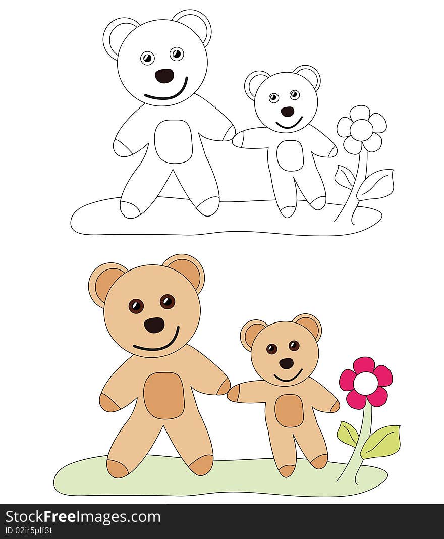 Cartoon sketch: Cute teddy bears taking a walk. The black & white version is useful for coloring book pages for children.