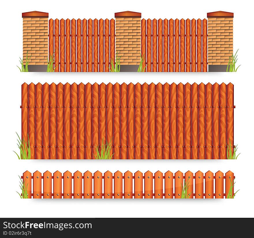 Set of brown wooden fences with grass, illustration