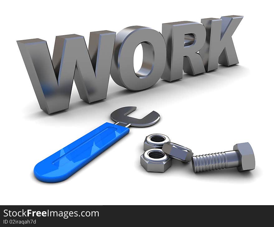 Abstract 3d illustration of text 'work' with wrench