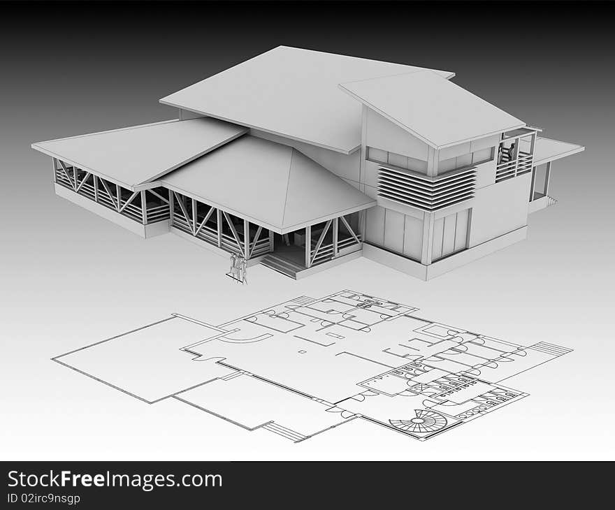 Wireframe render and plans of a restaurant concept