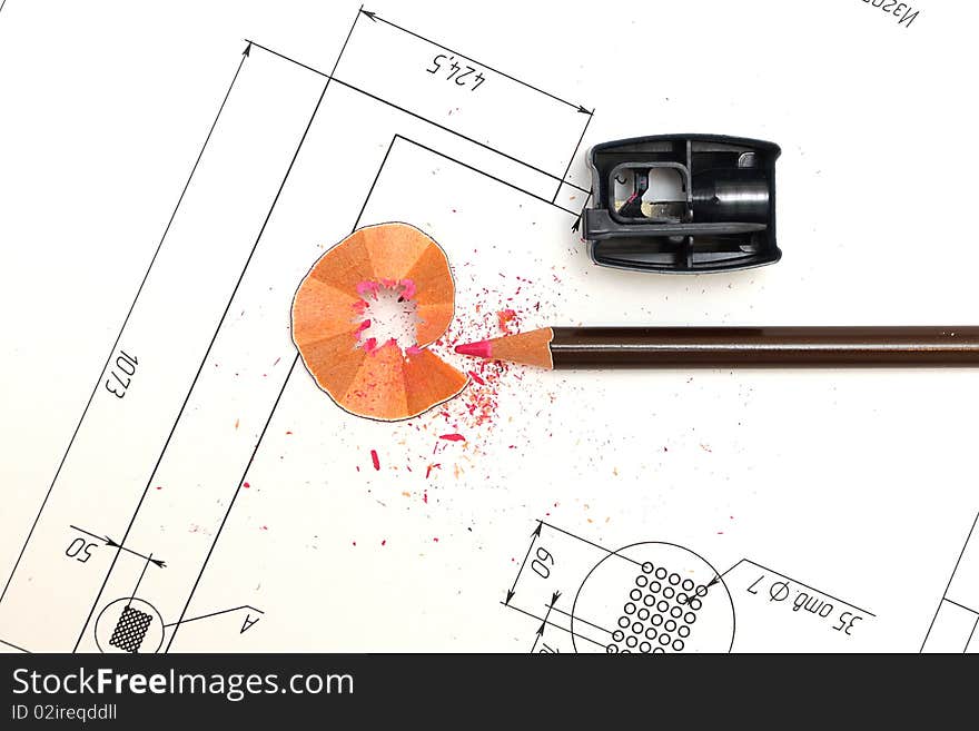 Sharpener, pencil and blueprints for an architect's design drawings