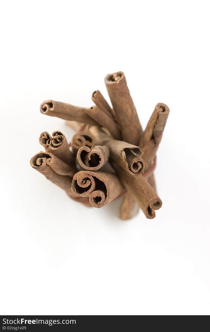 Cinnamon sticks in group on white background