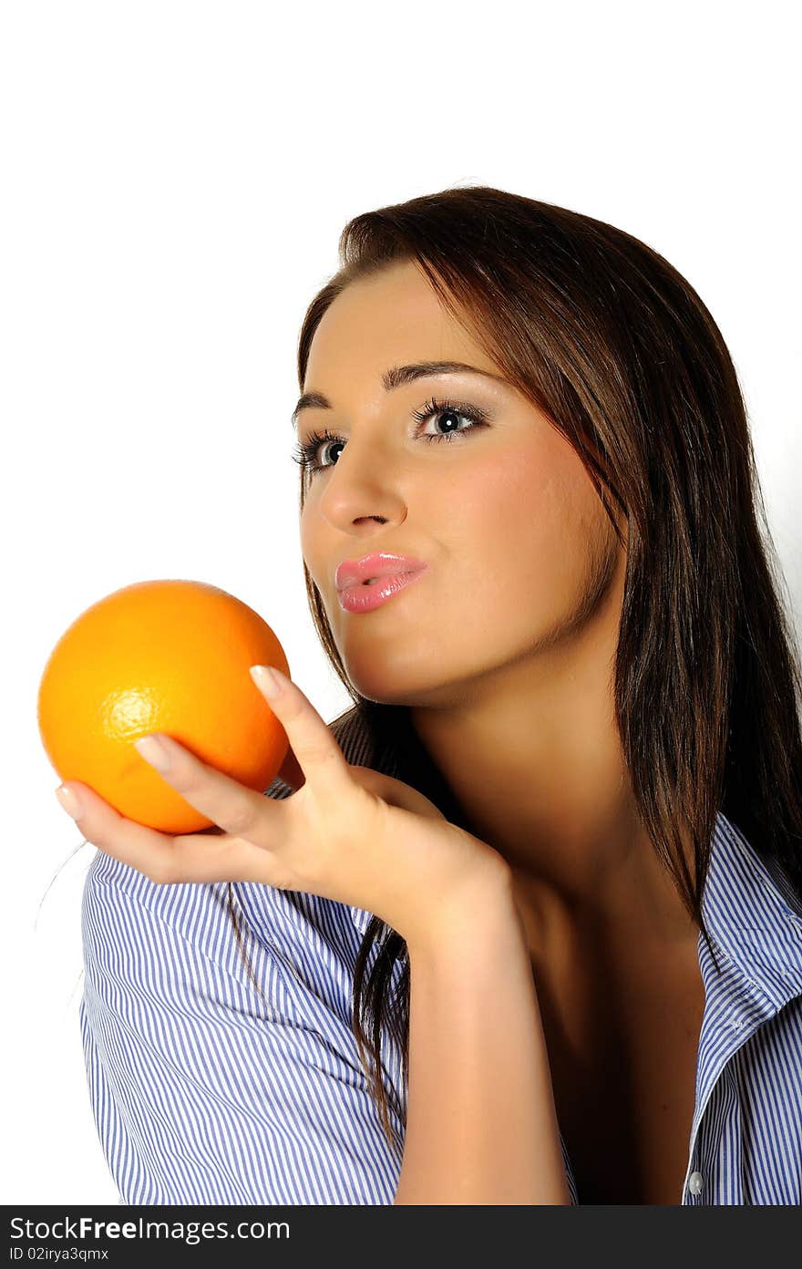 Young beautiful woman with citrus orange fruit having fun. isolated on white background. copyspace