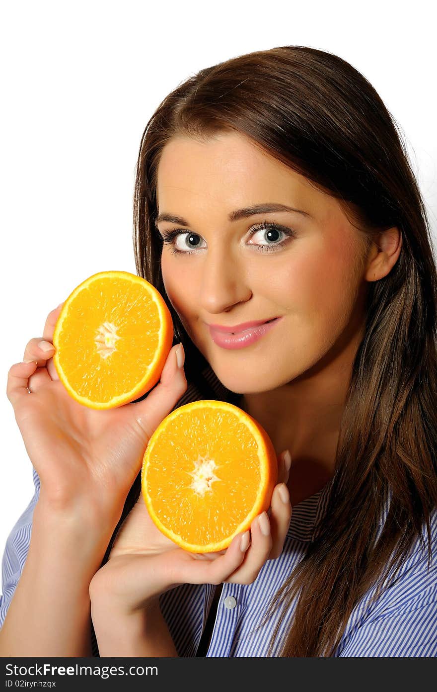 Young beautiful woman with citrus orange fruit having fun. isolated on white background. copyspace