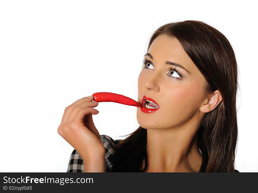 Beautiful woman with red hot chilli pepper. isolated on white background. copy-space. Beautiful woman with red hot chilli pepper. isolated on white background. copy-space