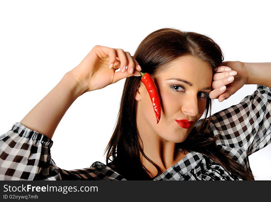 Beautiful sexy woman with red hot chilli pepper. isolated on white background. copy-space