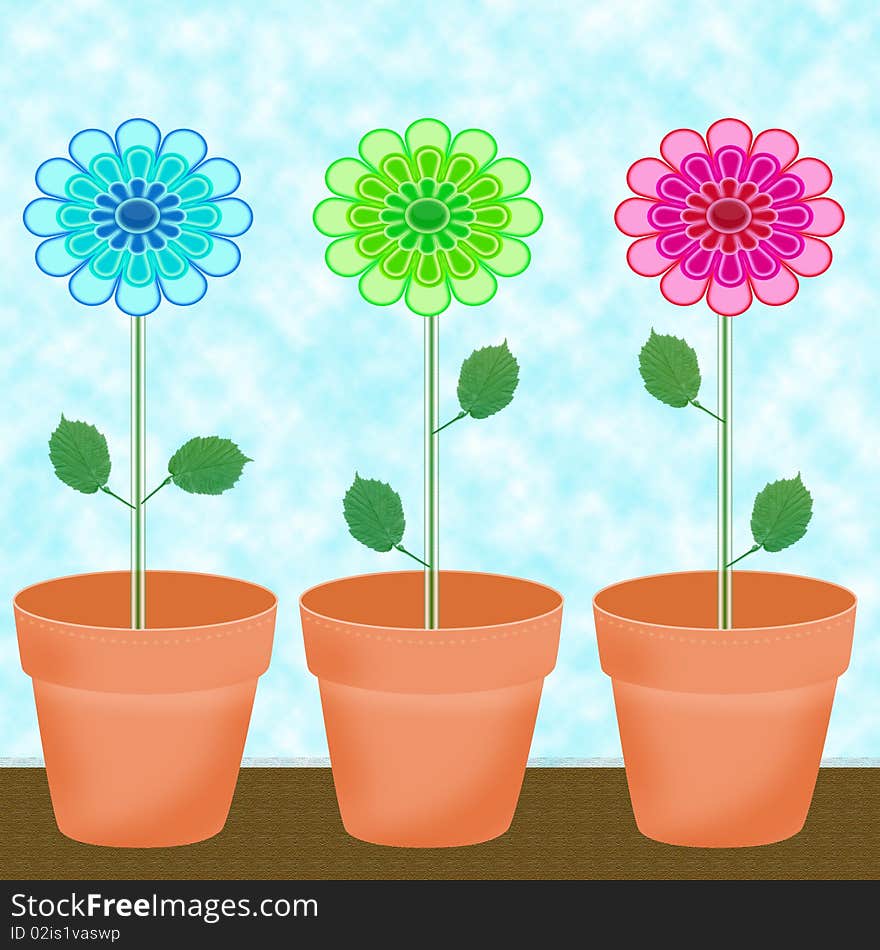 Beautiful,colorful,vibrant flowers in pots on sky background. Beautiful,colorful,vibrant flowers in pots on sky background