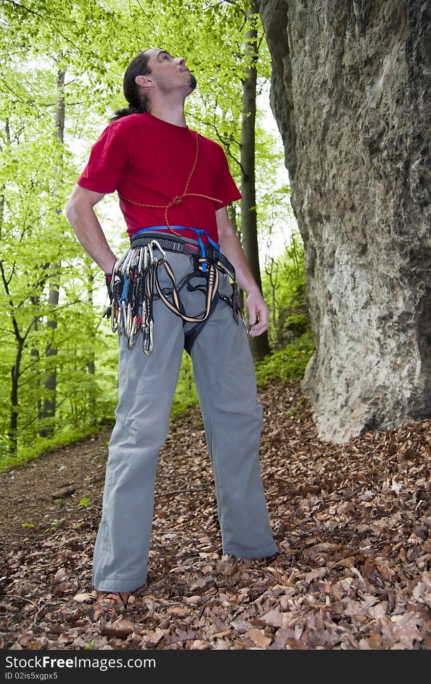 Rock climber previewing a route