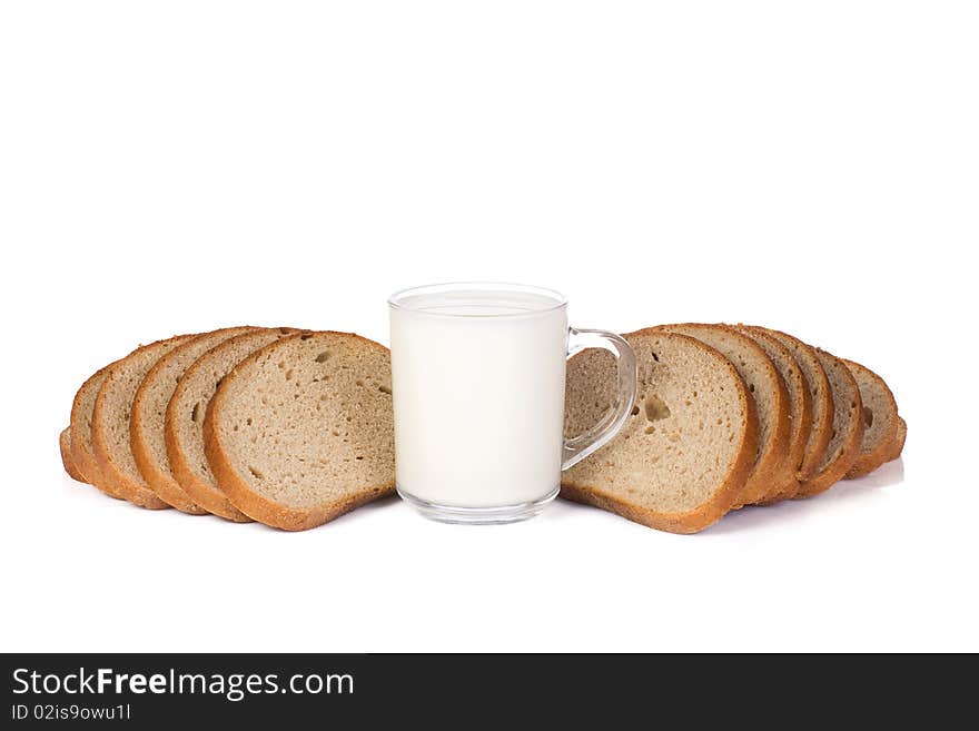 Isolated milk and bread on white