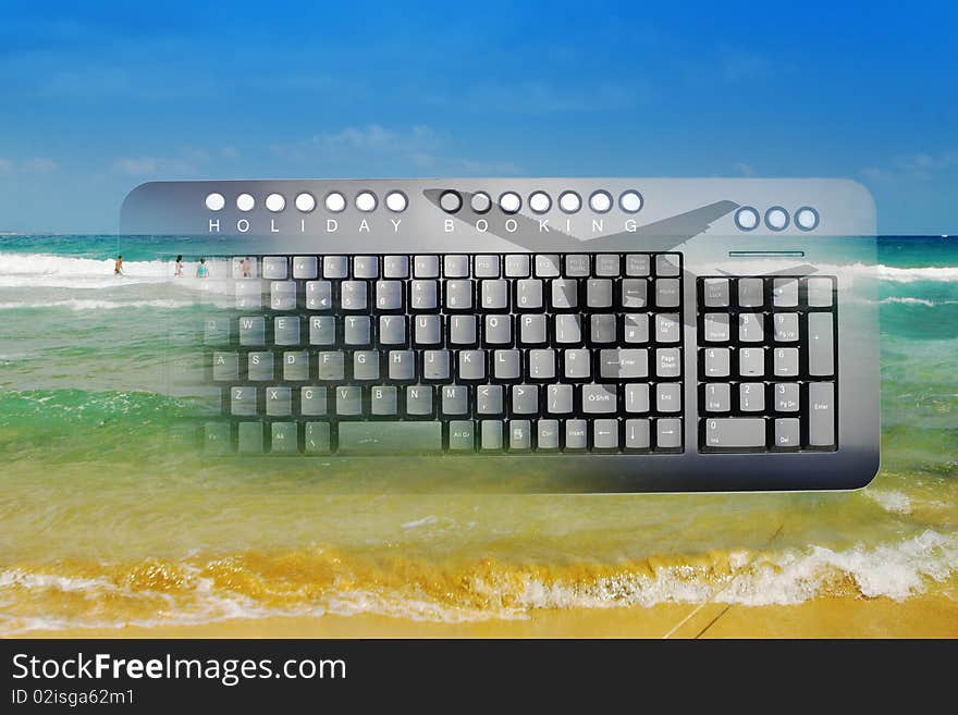 Internet holiday booking with keyboard, beach scene and shadow of aeroplane. Internet holiday booking with keyboard, beach scene and shadow of aeroplane