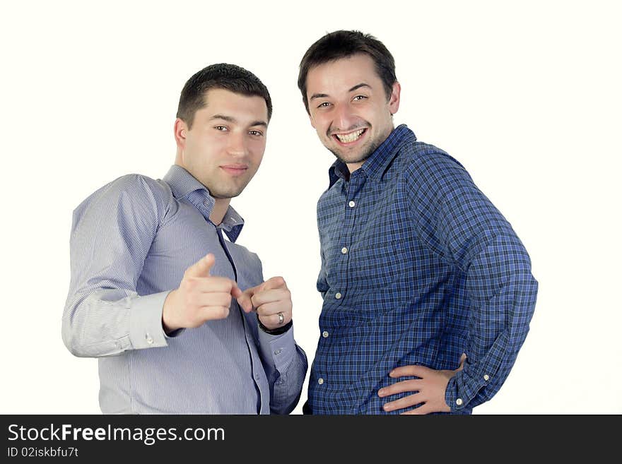 Two young man smiling on a white background. Two young man smiling on a white background