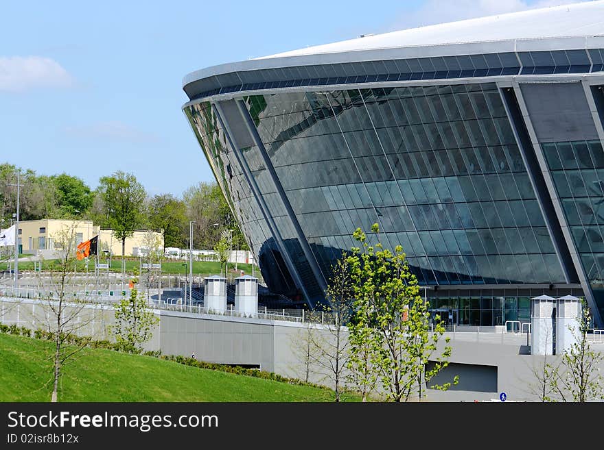 The stadium is constructed of glass and metal for football. The stadium is constructed of glass and metal for football