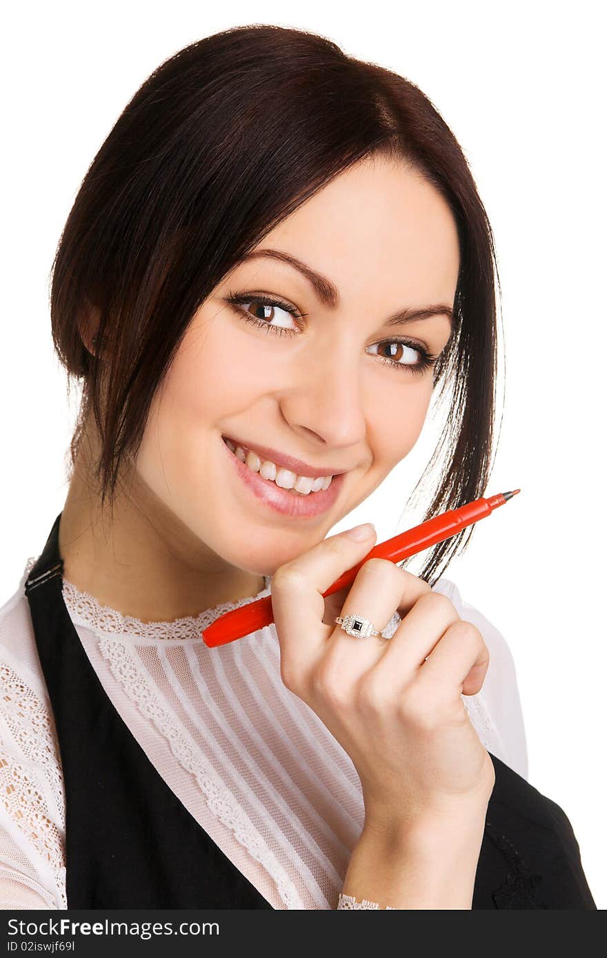 Cute businesswoman pointing aside with a marker, white background. Cute businesswoman pointing aside with a marker, white background