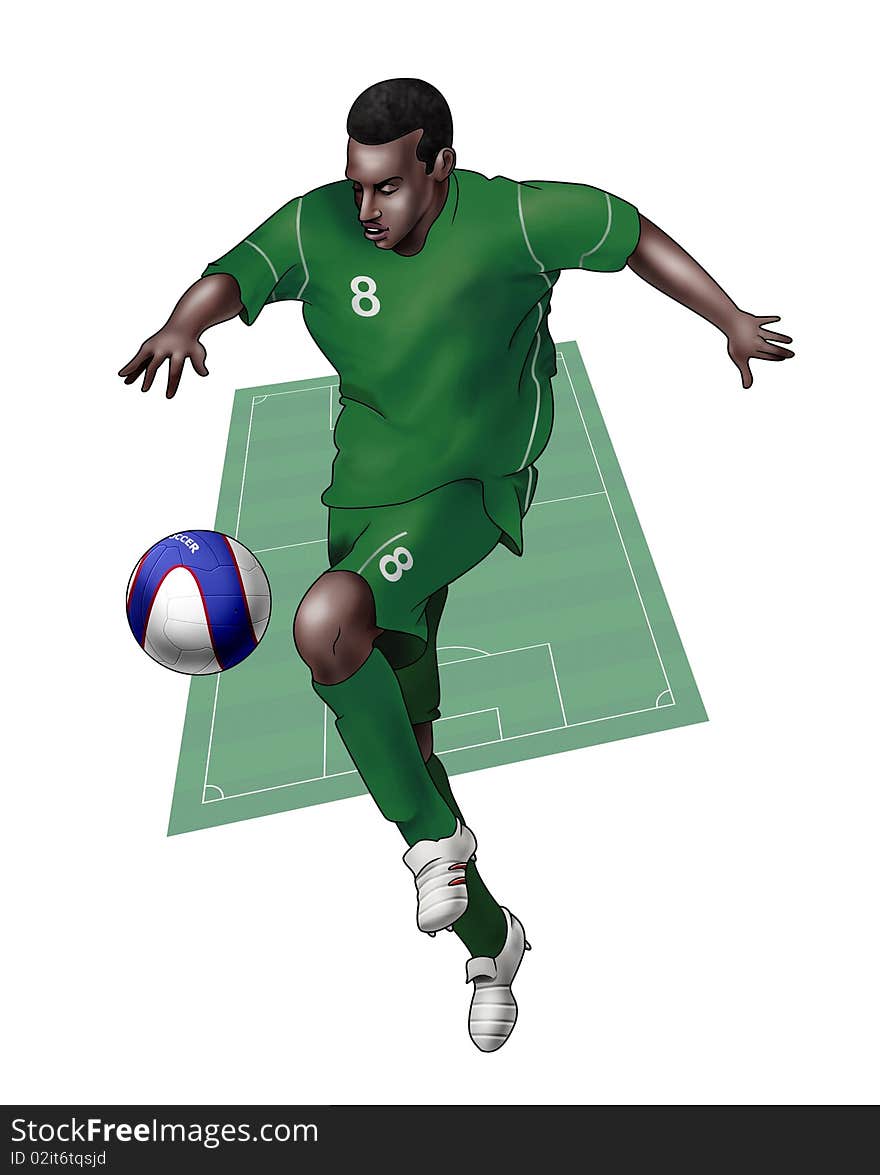 Team Nigeria; Realistic illustration of a soccer player wearing his national team uniform - Soccer pitch on the background