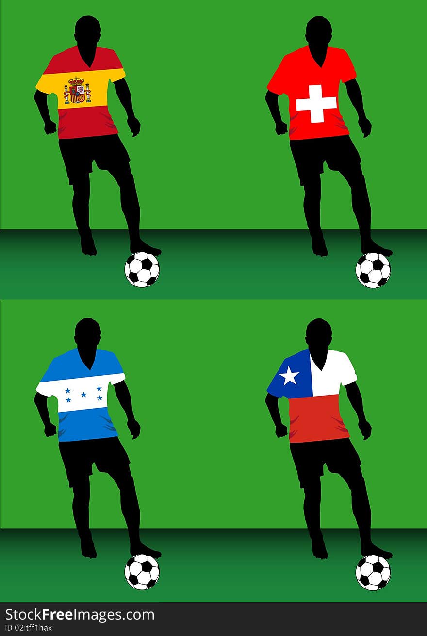 Silhouettes of soccer players with national flags reproduced on their shirts. Teams of group H for 2010 World Cup (vector format pending review). Silhouettes of soccer players with national flags reproduced on their shirts. Teams of group H for 2010 World Cup (vector format pending review)