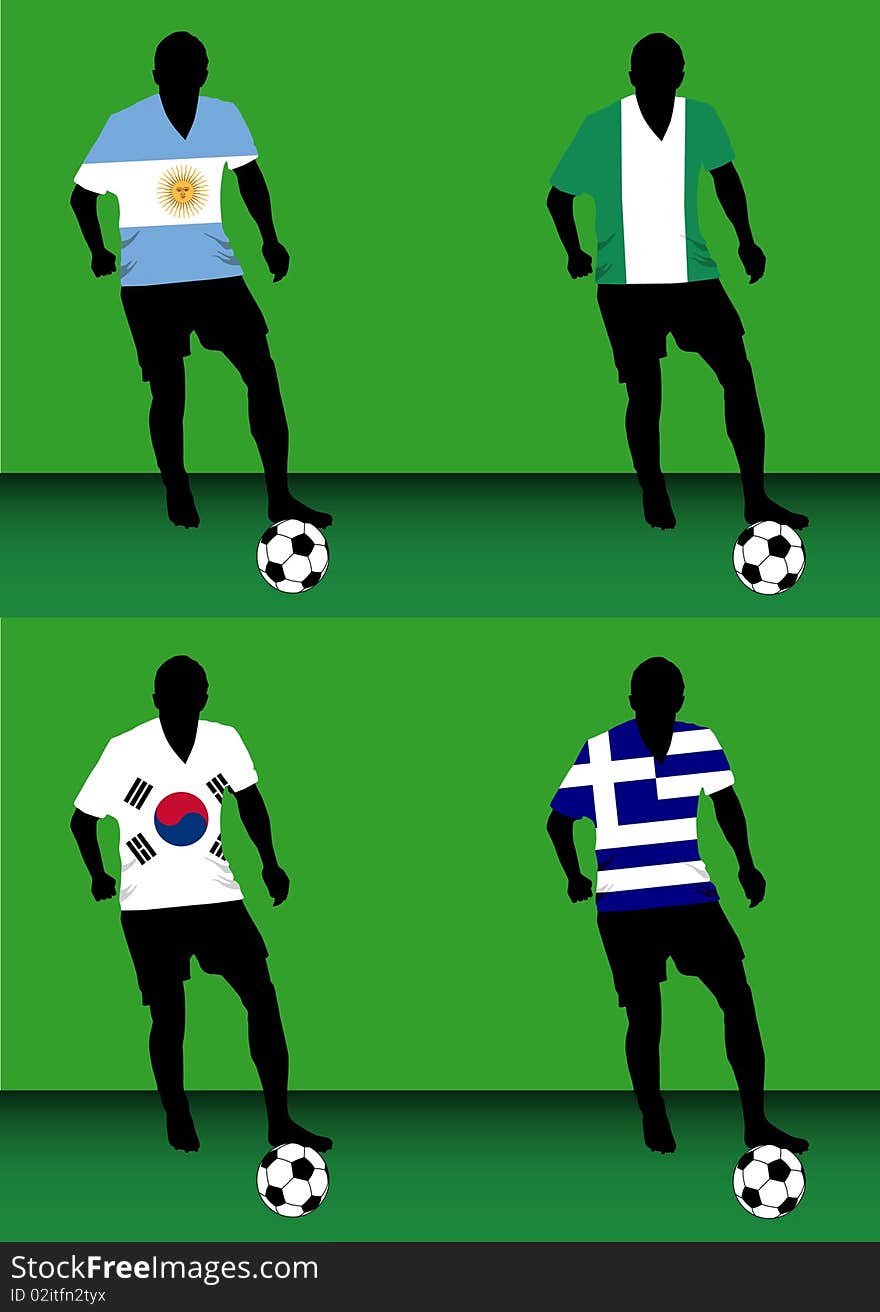 Silhouettes of soccer players with national flags reproduced on their shirts. Teams of group B for 2010 World Cup. Silhouettes of soccer players with national flags reproduced on their shirts. Teams of group B for 2010 World Cup