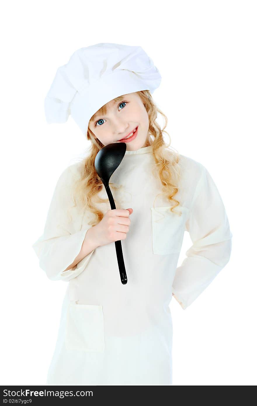 Shot of a little kitchen girl in a white uniform. Isolated over white background. Shot of a little kitchen girl in a white uniform. Isolated over white background.