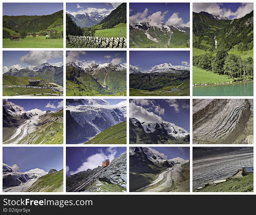 This image shows different views of the valley that contains the glacier in Austria Grossglckner. This image shows different views of the valley that contains the glacier in Austria Grossglckner