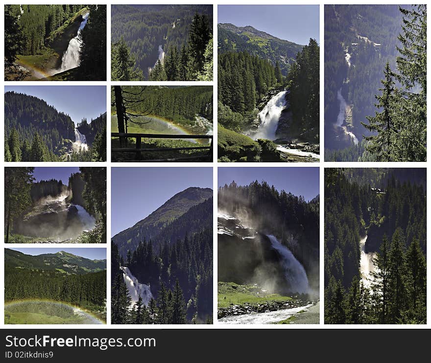 This image shows different views of the waterfall of Krimml, in the Austrian Alps