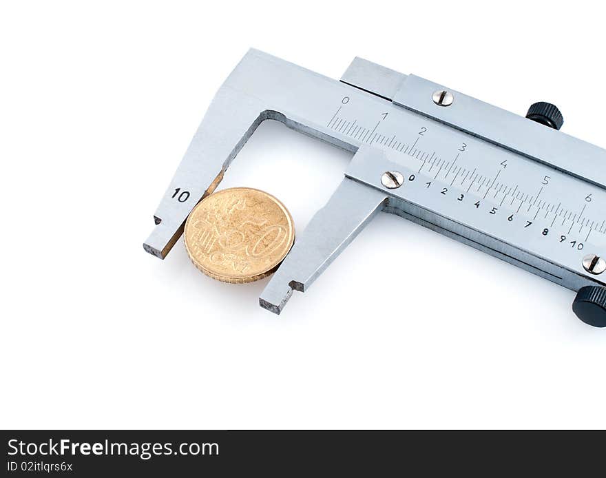 Calipers with euro coin  isolated on white background