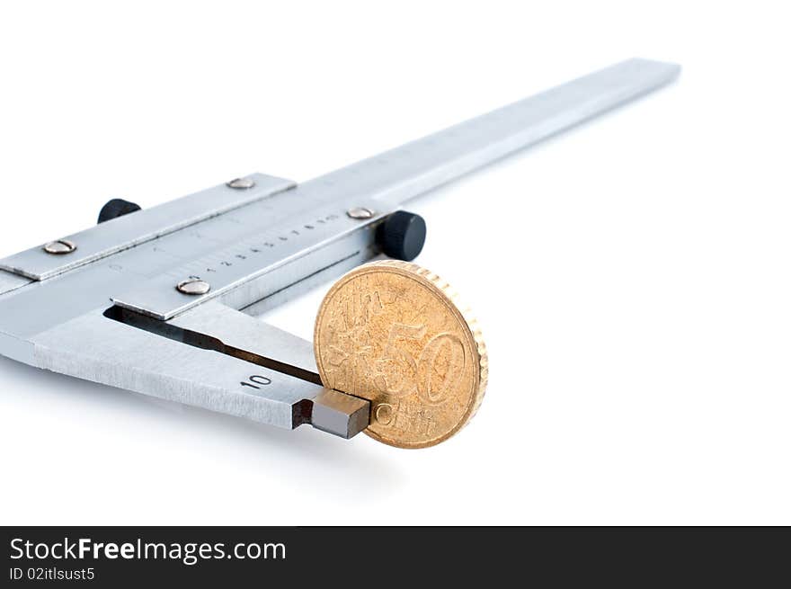 Calipers with euro coin  isolated on white background