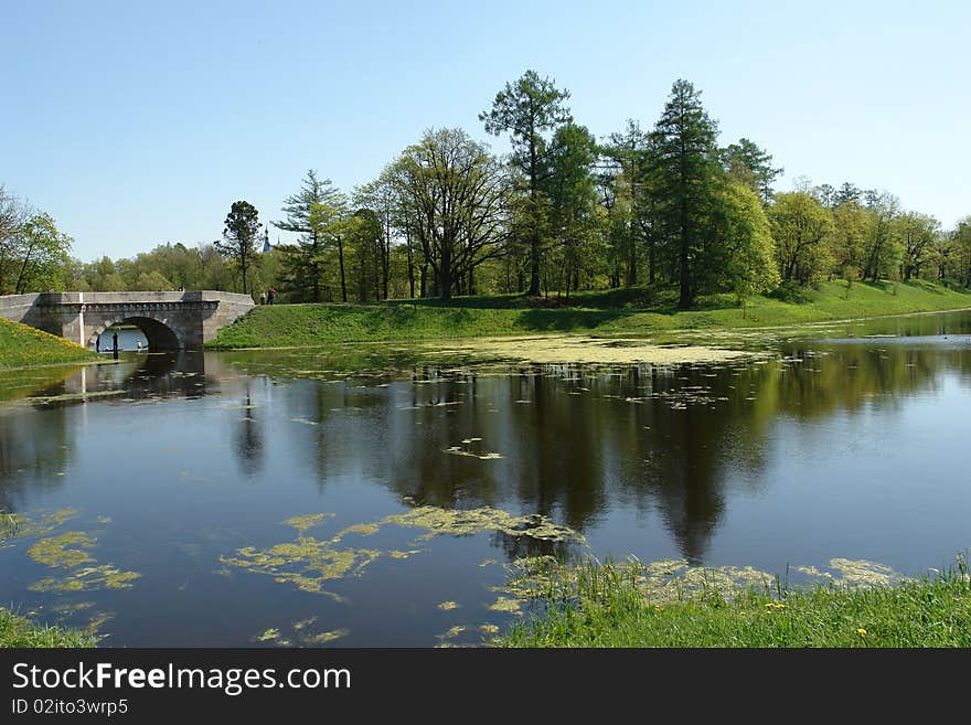 Landscape of palace park with lake in Gatchina