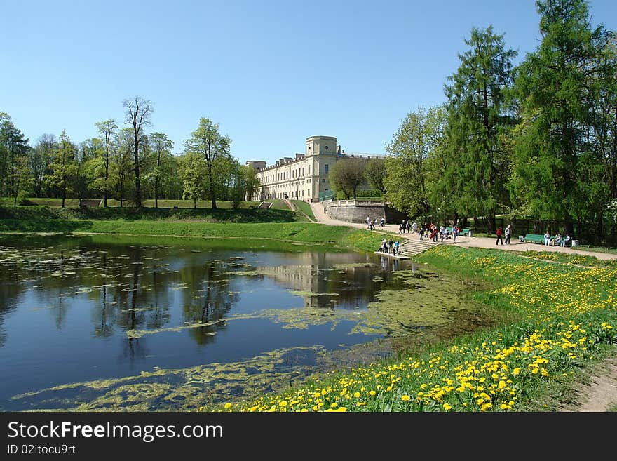 Landscape of palace park with lake in Gatchina