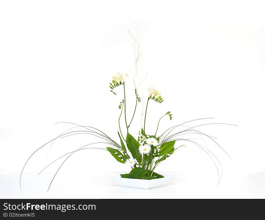 Floral decoration with freesia,  lily-of-the-valley, daisy and green leaf on white background. Floral decoration with freesia,  lily-of-the-valley, daisy and green leaf on white background