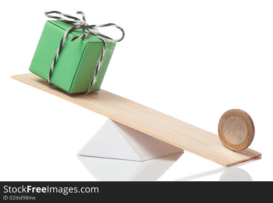 Present box balance with euro coin on white isolated background. Present box balance with euro coin on white isolated background