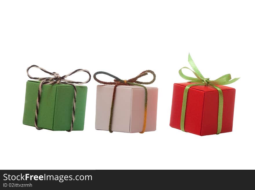 Three present boxes on white isolated background. Three present boxes on white isolated background