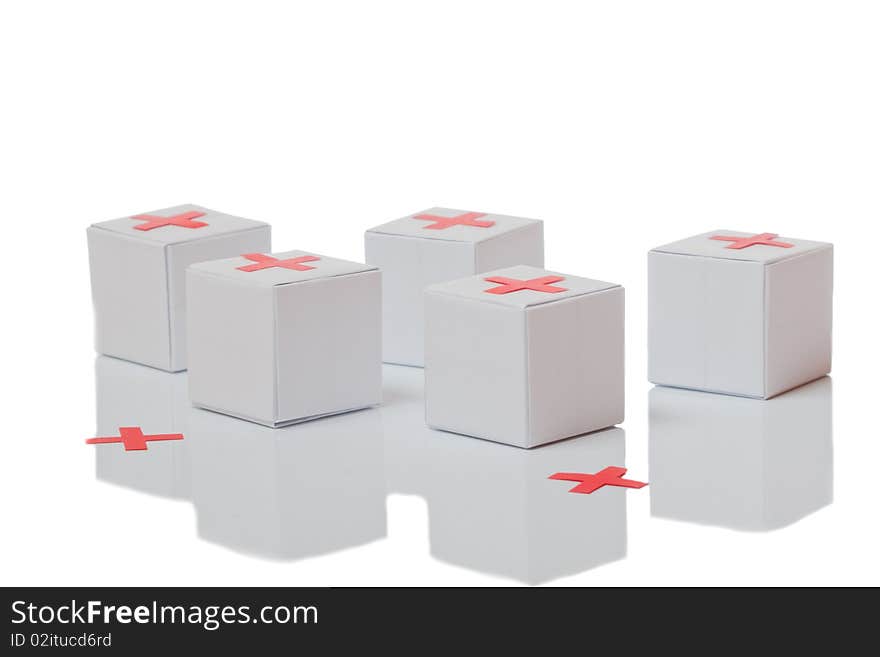 White boxes with red cross on isolated background