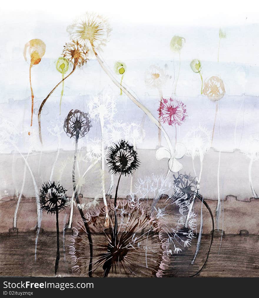 Abstract painting with flying dandelions